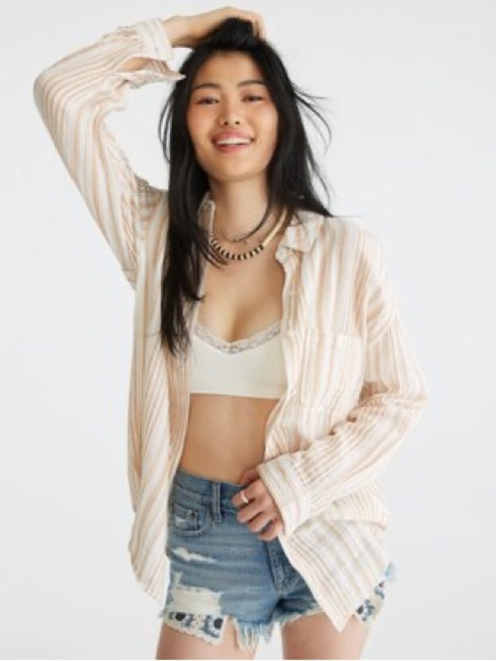 Aeropostale Long Sleeve Striped Gauze Oversized Shirt